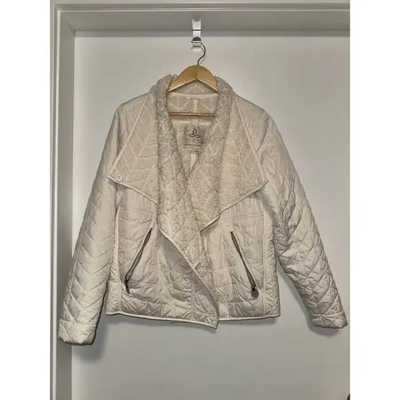 PRANA Womens Sherpa Fleece Lined Diva Puffer Jacket Asymmetric Zip Ivory LARGE - Picture 2 of 7